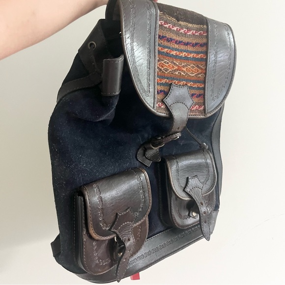 Vintage Tooled Leather Suede Woven Backpack Boho Vintage Rucksack Mochata 90's - Picture 2 of 11